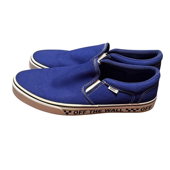 Vans Blue Slip-On Canvas Shoes With "Off The Wall" Sole Design mens size 13 - Picture 4 of 10
